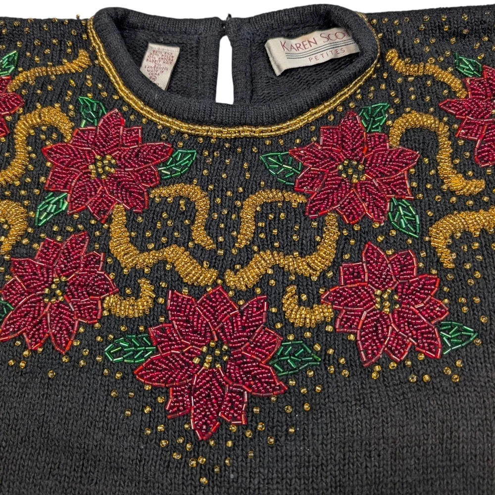Vintage Karin Scott Petites beaded poinsettia Silk/Angora/Wool sweater. PMedium